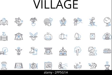Ikonensammlung der Dorflinie. Hamlet, Kleinstadt, ländliche Gemeinde, Siedlung, Landschaft, Außenposten, Kolonivektor und lineare Darstellung. Township Stock Vektor