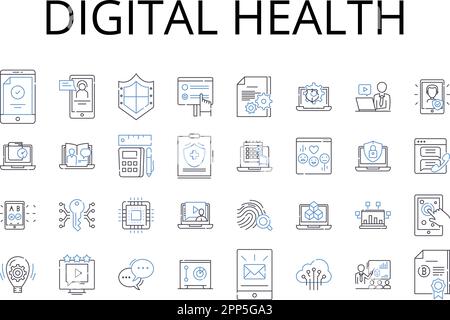 Sammlung von Symbolen für digitale Gesundheitsleitungen. E-Commerce, soziale Medien, mobiles Banking, Finanztechnologie, künstliche Intelligenz, Online-Schulung, Cloud Stock Vektor