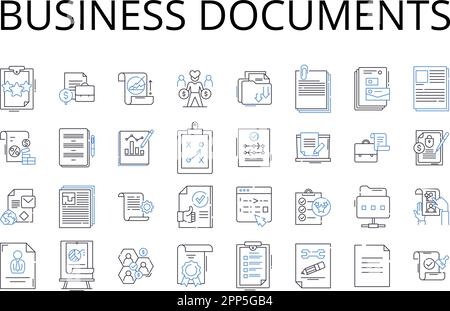 Collection mit Positionssymbolen für Geschäftsdokumente. Verträge, Verträge, Rechnungen, Vorschläge, Angebote, Vektor für Wareneingänge, Bestellungen und lineare Darstellung Stock Vektor