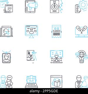 Ausstellungen und zeigt einen Satz linearer Symbole an. Display, Showcase, Expo, Galerie, Event, Performance, Art-Line-Vektor und Konzeptzeichen. Messe, Spektakel Stock Vektor