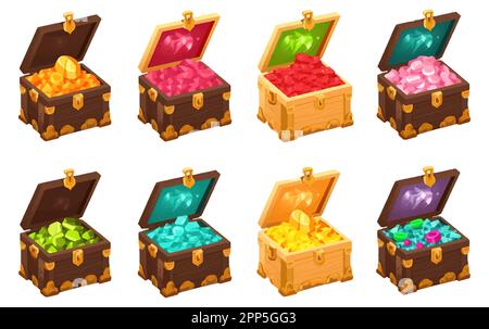 Vektorpixel-Darstellung der ui-Schatztruhe mit goldenem Edelstein auf weißem Hintergrund Stock Vektor