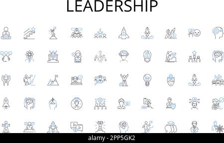 Leadership Line Icons Kollektion. Loyalität, Beharrlichkeit, Hartnäckigkeit, Hingabe, Entschlossenheit, Leidenschaft, Durchhaltevektor und lineare Illustration Stock Vektor