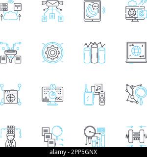 Lineare Symbole für die Überwachung von sozialen Medien. Analytics, Branding, Connections, Crisis, Dashboard, Engagement, Feedback-Linienvektor und Konzeptzeichen Stock Vektor