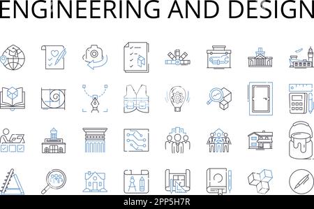 Symbolsammlung für Engineering- und Designlinien. Artikulieren Sie den Diskurs, kühne Vorstellungskraft, kreativer Einfallsreichtum, dynamische Innovation, effektive Ergebnisse, Fließend Stock Vektor