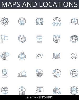 Sammlung der Liniensymbole für Karten und Standorte. Kartografie, Geolokalisierung, Topographie, Atlas, Navigation, Terrain, Geocaching-Vektor und lineare Darstellung Stock Vektor