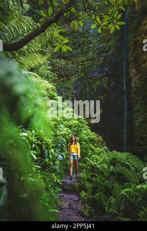 Beschreibung: Touristenfrau, die auf einem mit Farn überwucherten Pfad am malerischen, überwucherten Wasserfall im Madeiras Regenwald spaziert. Levada von Caldeirão Verd Stockfoto