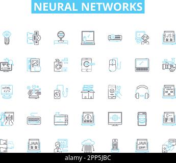 Lineare Symbole für neuronale Netzwerke gesetzt. Perceptron, Rückpropagation, Deep Learning, künstliche Intelligenz, Convolutional, Wiederkehrend, Hopfield-Linienvektor Stock Vektor