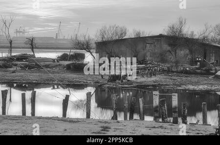 Pialassa dei Piomboni, Fischerhütte in Schwarz-Weiß Stockfoto