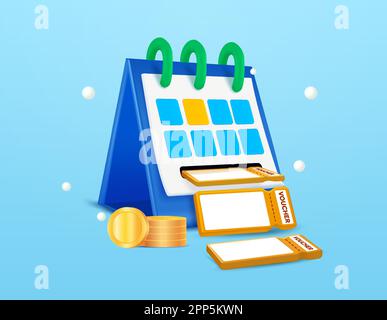 Kalender 3D und mit Goldmünzen und Gutscheinen oder Coupons isoliert auf abgestuftem Hintergrund. Das Konzept einer Erinnerung an die rechtzeitige Werbung für Geschäft, Unternehmen, Dienstleistungen. 3D-Vektordarstellung. Vektordarstellung Stock Vektor
