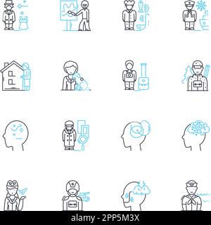 Lineare Symbole für Philosophie festgelegt. Epistemologie, Metaphysik, Ethik, Rationalismus, Empirie, Existentialismus, Idealismus, Linienvektor und Konzeptzeichen Stock Vektor