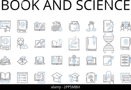 Buch- und Science-Line-Icons-Kollektion. Band und Forschung, Manuskript und Wissen, Tomé und Physik, Publikation und Biologie, Codex und Chemie Stock Vektor