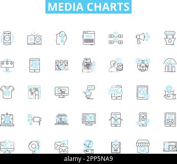 Medienkarten Lineare Symbole festgelegt. Infografiken, Analysen, Berichte, Metriken, Grafiken, Daten, Stationslinienvektor und Konzeptschilder. Visualisierung, Trends Stock Vektor