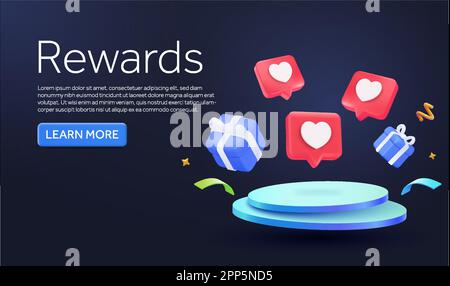 3D schwebende Social Media Facebook Instagram Herzsymbole mit Geschenkboxen über dem Podium isoliert im Hintergrund. Bannerdesign-Konzept mit CTA für Werbung und Werbung. 3D-Vektordarstellung. Vektordarstellung Stock Vektor