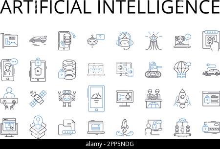 Kollektion künstlicher Intelligenz mit Liniensymbolen. Maschinelles Lernen, kognitives Computing, digitale Automatisierung, autonome Systeme, Roboterintelligenz Stock Vektor