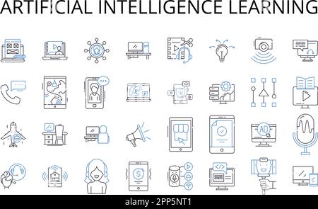 Symbolsammlung für Lernzeilen mit künstlicher Intelligenz. Maschinelles Lernen, kognitive Computertechnik, Deep Learning, prädiktive Modellierung, Datenanalyse Stock Vektor