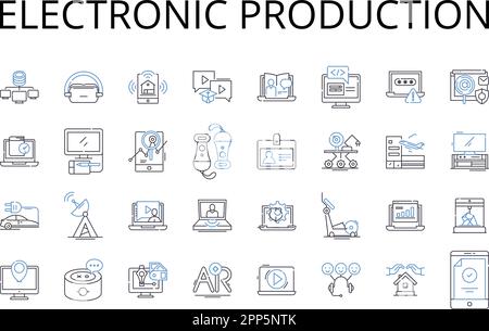 Symbolsammlung für elektronische Fertigungslinien. Computerherstellung, digitale Fertigung, Videosynthese, Audioverarbeitung, Telekommunikationsmontage, Schaltkreis Stock Vektor