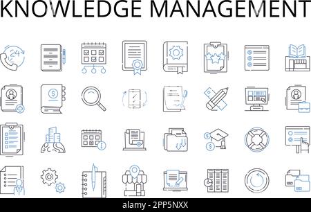Sammlung der Liniensymbole für das Knowledge Management. Personalbeschaffung, Datenanalyse, Ressourcenzuweisung, Risikomanagement, Markenwahrnehmung, Mitarbeiter Stock Vektor