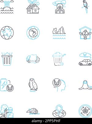 Lineare Symbole für Umweltprodukte. Nachhaltig, biologisch abbaubar, umweltfreundlich, erneuerbar, kompostierbar, Recycelbarer, energieeffizienter Linienvektor Stock Vektor