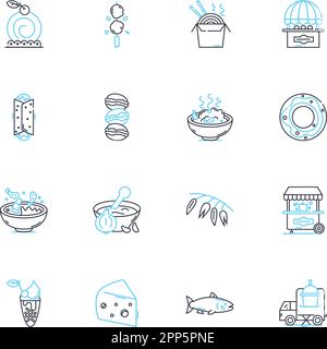 Lineare Symbole für kulinarische Ausflüge. Gastronomie, Kulinarisch, Feinschmecker, Küche, Verkostung, Aromen, Gourmet-Linienvektor und Konzeptschilder. Kochen, Lokal Stock Vektor