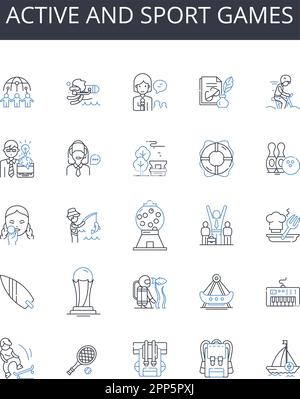 Ikonensammlung für aktiv- und Sportspiele. Dynamischer Sport, energiegeladene Spiele, kräftige sportliche Aktivitäten, lebendige Erholung, körperliche Belastung Stock Vektor