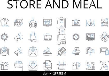 Symbolsammlung für Filialen und Essenszeilen. Tore, Geschäft, Markt, Boutique, Outlet, Emporium, Supermarkt Vektor und lineare Darstellung. Lebensmittel, Bequemlichkeit Stock Vektor