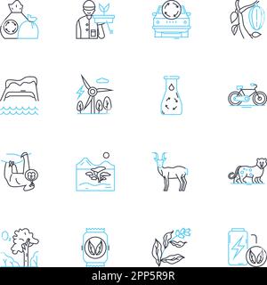 Lineares Ökosystem-Symbolset. Vielfalt, Interdependenz, Biodiversität, Interaktion, Nachhaltigkeit, Balance, Habitatlinienvektor und Konzeptzeichen Stock Vektor