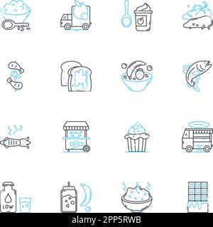 Linearer Symbolsatz für Eckladen. Komfort, Heftklammern, Lokal, Notwendigkeit, Schnell, Nachbarschaft, kleinformatige Linienvektoren und Konzeptschilder. Essential,Stock Stock Vektor