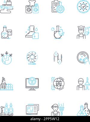Lineare Symbolgruppe für chemische Fertigung. Synthese, Formel, Reaktanten, Produktion, Katalysator, Compound-, Destillationslinienvektor- und Konzeptzeichen Stock Vektor