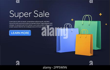 3D Einkaufstasche mit glänzendem Effekt, isoliert auf dunklem Hintergrund. Bannerdesign-Konzept mit CTA für Werbung, E-Commerce, Werbung. 3D-Vektordarstellung. Vektordarstellung Stock Vektor