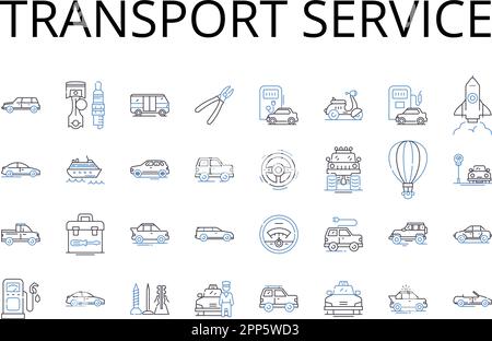 Symbolsammlung für Transport-Service-Position. Autovermietung, Frachtversand, Transportunternehmen, Lieferservice, Logistikunterstützung, Umzugsfirma Stock Vektor