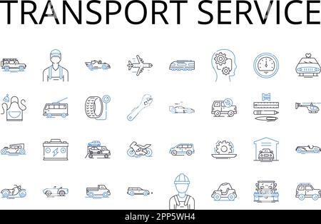 Symbolsammlung für Transport-Service-Position. Autovermietung, Frachtversand, Transportunternehmen, Lieferservice, Logistikunterstützung, Umzugsfirma Stock Vektor