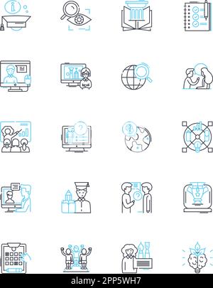Lineare Symbole für Coaching festgelegt. Mentoring, Entwicklung, Empowerment, Anleitung, Unterstützung, Verantwortungsbewusstsein, Ansporn-Linienvektor und Konzeptschilder Stock Vektor