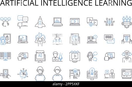 Symbolsammlung für Lernzeilen mit künstlicher Intelligenz. Maschinelles Lernen, kognitive Computertechnik, Deep Learning, prädiktive Modellierung, Datenanalyse Stock Vektor