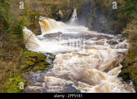 Schnell fließende Bonnington Linn Falls in der Nähe von New Lanark, Schottland Stockfoto