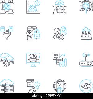 Linearer Symbolsatz für Marktforschung. Demografische Daten, Umfragen, Stichproben, Branding, Fokusgruppen, Feedback, Linienvektor für Zielgruppe und Konzeptschilder Stock Vektor