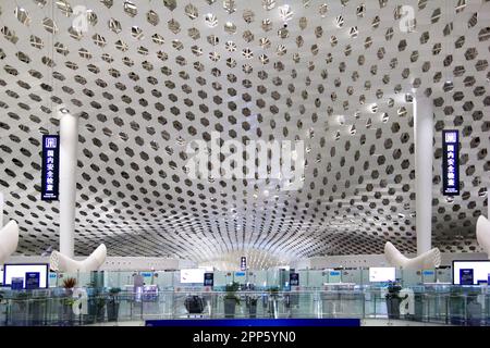 Shenzhen, China - 24. November. 2018: Das moderne Interieur der Terminas im internationalen Flughafen Shenzhen (Übersetzung: Auf den blauen Schildern steht "Domesti Stockfoto