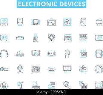 Lineare Symbole für elektronische Geräte eingestellt. Smartph, Tablet, Notebook, Desktop, Smartwatch, Kopfzeichen, Linienvektor der Lautsprecher und Konzeptschilder. Kamera, Dr, Gaming Stock Vektor