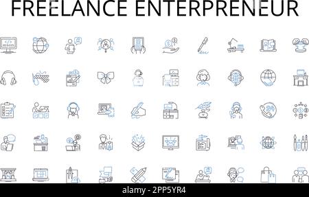 Freelance Enterpreneur Line Icons Kollektion. Ausbildung, Bildung, Lehrlingsausbildung, Entwicklung, Zertifizierung, Coaching, Mentoring Vektor und linear Stock Vektor