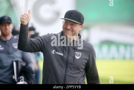 Münster, Deutschland. 22. April 2023. firo : 04/22/2023-Fußball, Fußball, Saison der Regionalliga, 2022/2023, Regionalliga West, Rückkehrrunde, 31. Spieltag SC Preussen Munster, SCP, Preussen Münster - Fortuna Düsseldorf 2, II, Two, Sascha Hildmann Jubel über Beförderung? Kredit: dpa/Alamy Live News Stockfoto