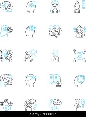Psychologisches Denken, lineare Symbole gesetzt. Kognition, Wahrnehmung, Emotionen, Verhalten, Determinismus, Mindset, Self-Reflection Line Vector und Concept Signs Stock Vektor