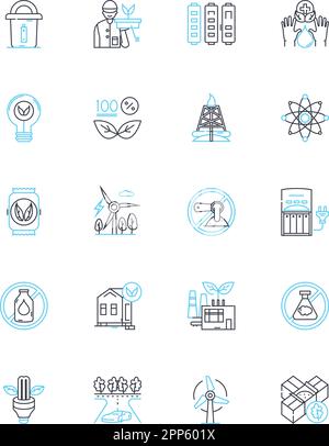 Lineare Symbole für Biokraftstoff eingestellt. Ethanol, Biodiesel, Algen, Biomasse, Erneuerbare Energien, Nachhaltig, Schnittlinienvektor und Konzeptzeichen. Zellulose, Rohstoff, Grün Stock Vektor