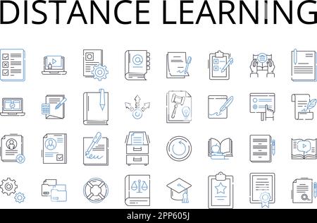 Symbolsammlung für Distanz-Lernlinien. E-Learning, virtuelle Bildung, Online-Unterricht, Fernunterricht, webbasierte Schulung, Digitaler Lehrplan Stock Vektor