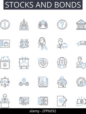 Symbolsammlung für Aktien und Anleihen. Schulden und Eigenkapital, Kaufen und Verkaufen, schnell und langsam, heiß und kalt, hoch und niedrig, Rein und raus, guter und schlechter Vektor und Stock Vektor