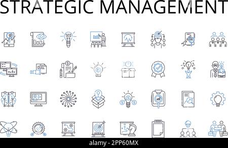 Symbolsammlung für strategische Managementlinien. Unternehmensführung, Finanzplanung, Ressourcenzuweisung, Marktanalyse, Markenpositionierung Stock Vektor