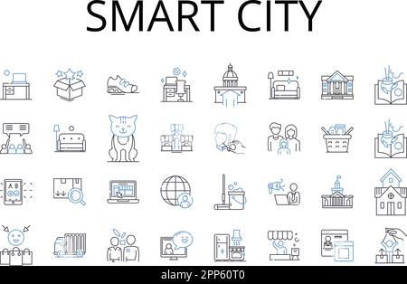 Smart City Line Icons Kollektion. Intelligentes Zuhause, effiziente Arbeitskräfte, nachhaltige Zukunft, vernetzte Autos, umweltfreundliches Leben, Innovativ Stock Vektor