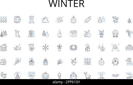 Winter Line Icons Kollektion. Gemüse, Obst, Getreide, Milchprodukte, Fleisch, Meeresfrüchte, Nüsse, Vektor und lineare Darstellung. Gewürze, Kräuter, Süßigkeiten sind Zeichen Stock Vektor