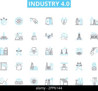 Linearer Symbolsatz für Industrie 4,0. Automatisierung, Robotik, Interkonnektivität, Big Data, KI, Augmented Reality, Smart Factories Linienvektor und Konzeptzeichen Stock Vektor