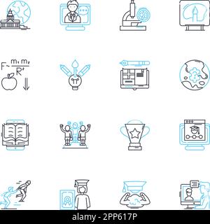 Lineare Symbole für High-Tech-Bildungseinrichtungen. Innovativ, Smartboards, virtuell, innovativ, interaktiv, Robotik, erweiterter Linienvektor und Stock Vektor