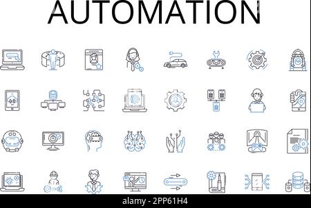 Symbolsammlung für Automatisierungslinien. Mechanisierung, Innovation, Modernisierung, Digitalisierung, Computerisierung, Optimierung, Rationalisierung von Vektoren und Stock Vektor