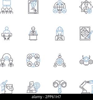 Symbolsammlung der kommerziellen Unternehmenslinie. Gewinn, Markt, Umsatz, Vertrieb, Strategie, Kapital, Investitionsvektor und lineare Darstellung. Wettbewerb Stock Vektor